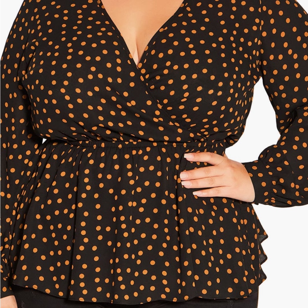 City Chic Dotty Faux Wrap Top - Black and Orange Dots